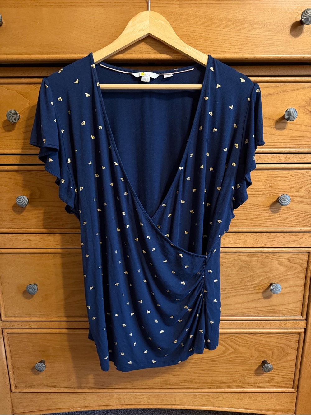 Boden Navy and Gold Print Wrap Short Sleeve Top Shirt Stretch Size 16/18 Preppy
